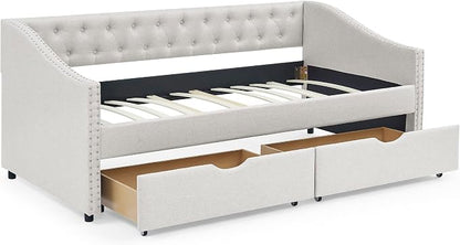 KEIKI Twin Size Upholstery Daybed with 2 Drawers and Headboard, Mid-Century Style Tufted Sofa Bed with Button on Back, Easy Assembly, No Box Spring Required, for Living Room and Bedroom, Beige
