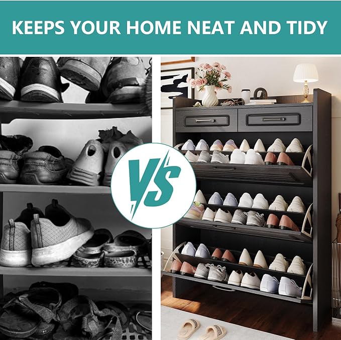Shoe Cabinet Storage for Entryway with 3 Large Flip Drawers & 2 Storage Drawers, Narrow Shoe Organizer Cabinet Fits for Kinds of Shoes, Slim Shoe Storage Cabinet for Entryway, Hallway, Black