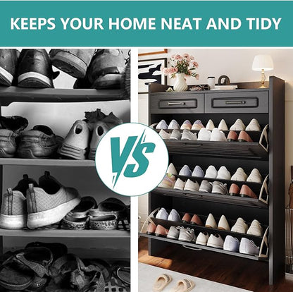 Shoe Cabinet with 3 Large Flip Drawers and 2 Storage Drawers, Narrow Shoe Organizer Cabinet Fits for Kinds of Shoes, Slim Shoe Storage Cabinet for Entryway, Hallway, Black