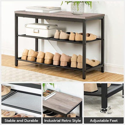 HOOBRO Shoe Bench, 3-Tier Shoe Rack, Industrial Shoe Organizer Storage Bench, 29.5 inches Entry Bench with Mesh Shelves, for Entryway, Living Room, Hallway, Easy Assembly, Greige BG75HX01
