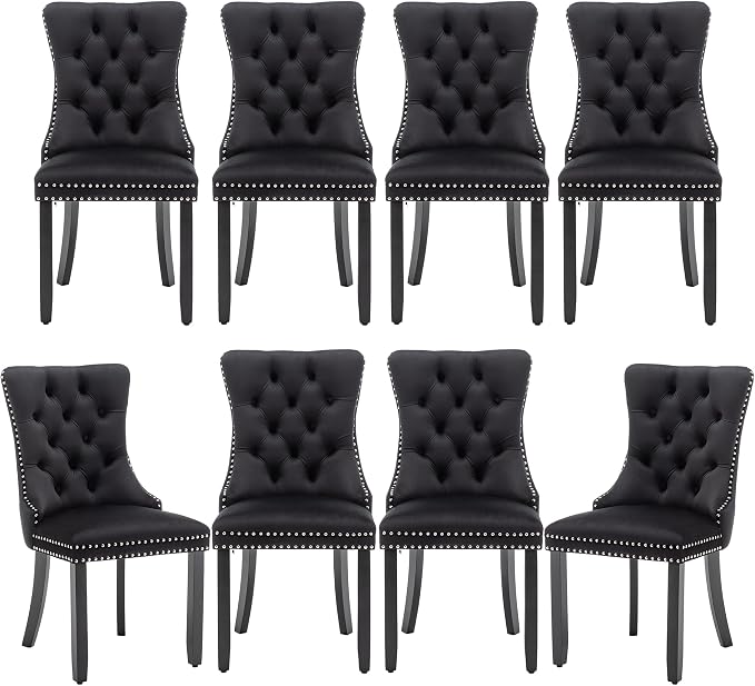Mid Century Modern Dining Chair Set of 8 Velvet Upholstered Dining Room Chair Farmhouse Dining Accent Chairs with High Back and Nailhead Trim for Kitchen, Living Room, Bedroom (Black, set of 8)