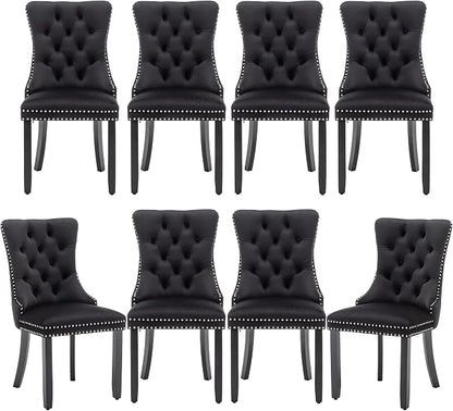 Mid Century Modern Dining Chair Set of 8 Velvet Upholstered Dining Room Chair Farmhouse Dining Accent Chairs with High Back and Nailhead Trim for Kitchen, Living Room, Bedroom (Black, set of 8)