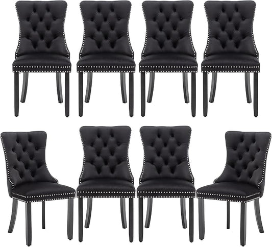 Mid Century Modern Dining Chair Set of 8 Velvet Upholstered Dining Room Chair Farmhouse Dining Accent Chairs with High Back and Nailhead Trim for Kitchen, Living Room, Bedroom (Black, set of 8)