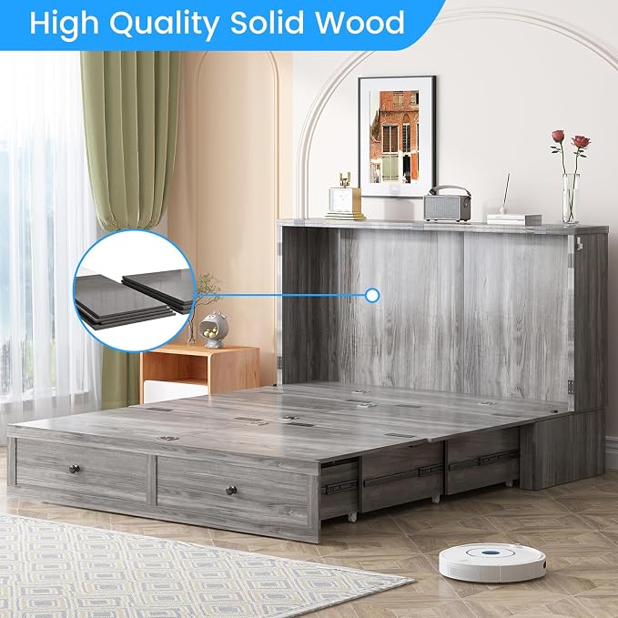PUREMIND Full Murphy Bed Cabinet with Storage Drawers, Bedroom Cabinet Beds with USB Charging Station, Murphy Chest Bed with Storage Drawers, Horizontal Wallbed for Guest Room