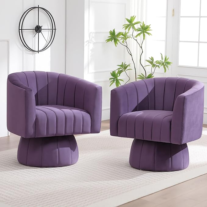 Swivel Accent Barrel Chair Set of 2, Cute Comfy Small Round 360° Arm Chair, Velvet Sofa Club Reading Chair for Living Room Bedroom Office Purple
