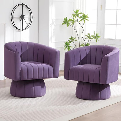 Swivel Accent Barrel Chair Set of 2, Cute Comfy Small Round 360° Arm Chair, Velvet Sofa Club Reading Chair for Living Room Bedroom Office Purple