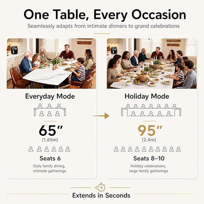 Honyee Extendable Dining Table with Leaf, 65 to 95 Inch Rectangular Sintered Stone, Modern Large Dining Room Table Seats 6 8 10 12, Metal Base, Marble Look for Family Gatherings