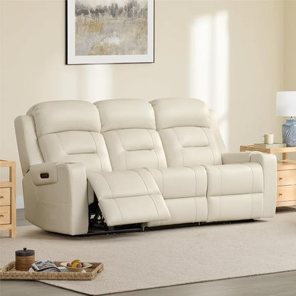 Watson & Whitely Genuine Leather Power Reclining Sofa, 3-Seater Lay Flat Recliner Sofa with Power Headrest, Cup Holders, USB & Type-C Ports, Electric Reclining Couch for Living Room, Cream