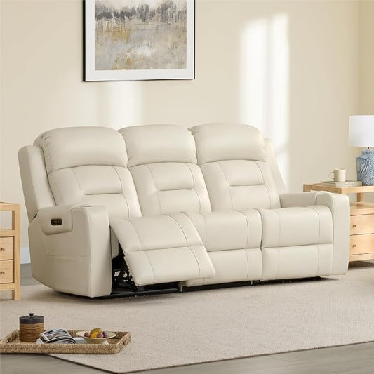 Watson & Whitely Genuine Leather Power Reclining Sofa, 3-Seater Lay Flat Recliner Sofa with Power Headrest, Cup Holders, USB & Type-C Ports, Electric Reclining Couch for Living Room, Cream