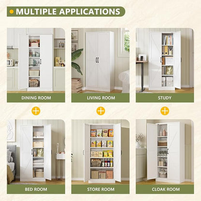 RAVIGIN Farmhouse Storage Cabinet,61" H Metal Pantry Cabinet with Barn Doors and Adjustable Shelves,61" H 4-Tier Rustic Pantry Organizers for Kitchen,Dining Room,White
