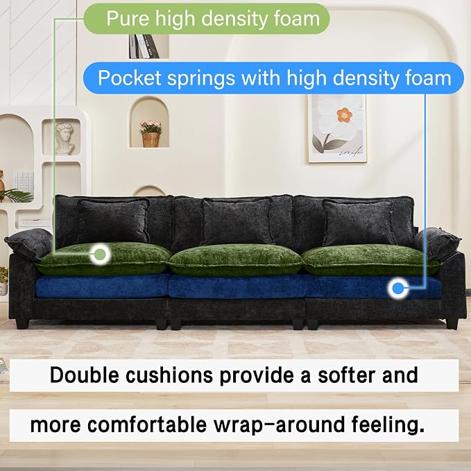 Oprisen 120" Modular Sectional Sofa, Comfy Cloud Couch Sectional Sofa, Chenille Sofa Sleeper Deep Seat Sofa with Throw Pillows for Living Room (Black, 120"- 3 Seater)