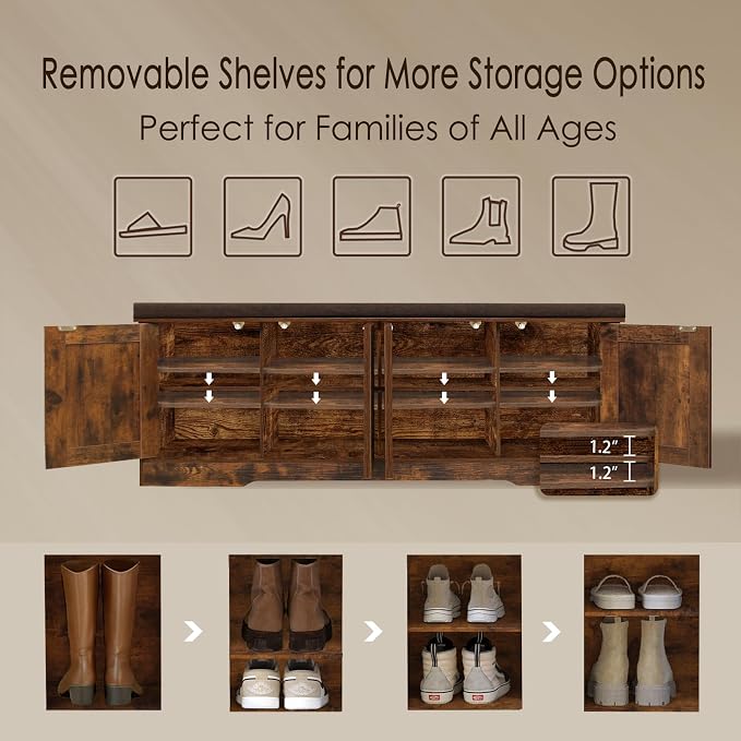 DINZI LVJ Shoe Bench, Entryway Storage Bench with Doors, Cushion, 2-Tier Shoe Rack with 8-Cubby, 47.2”L x 13.8”W Shoe Organizer Cabinet, Adjustable Shelf, Living Room, Bedroom, Rustic Brown