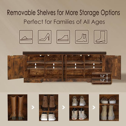 DINZI LVJ Shoe Bench, Entryway Storage Bench with Doors, Cushion, 2-Tier Shoe Rack with 8-Cubby, 47.2”L x 13.8”W Shoe Organizer Cabinet, Adjustable Shelf, Living Room, Bedroom, Rustic Brown