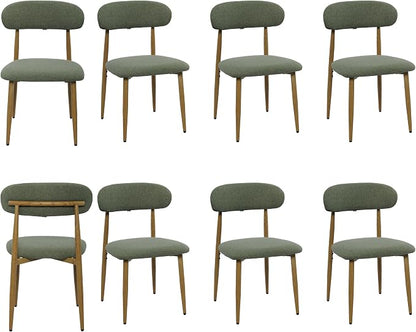 FREKEN Modern Upholstered Dining Chairs Set of 8, Mid-Century Metal Frame with Wood Grain, Linen Fabric Side Chair for Kitchen Dining Room, 350lbs Capacity, Green