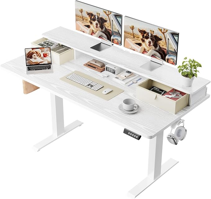 Veken 55x26 in Electric Standing Desk with Drawers, Adjustable Table, White | Stand up Computer Desk for Home Office, Work & Study, with Storage, 3 Memory Presets, Cable Organizer, Hook, and Quiet Lift.