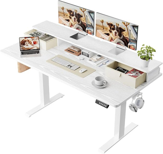 Veken 55x26 in Electric Standing Desk with Drawers, Adjustable Table, White | Stand up Computer Desk for Home Office, Work & Study, with Storage, 3 Memory Presets, Cable Organizer, Hook, and Quiet Lift.