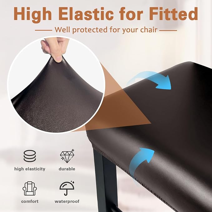 PU Leather Bar Stool Covers Rectangular, 100% Waterproof Stool Covers Rectangle Super Stretch 20% Thicker Leather Saddle Stools Cover Rectangular Counter Bar Stools with Elastic Band (2 PCS, Brown)
