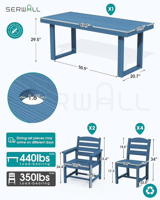 SERWALL HDPE Outdoor Dining Set for 6, 67'' Patio Table and Chairs Set | with Armless Seat
