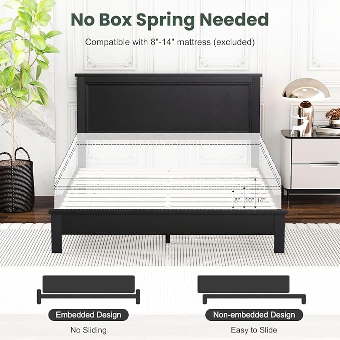 Wood Bed Frames with Headboard, Mid Century Bed Frame with Solid Wood Legs & Wooden Slat Support, Mattress Foundation Bed Base, No Box Spring Needed, (Black, Queen (U.S. Standard))