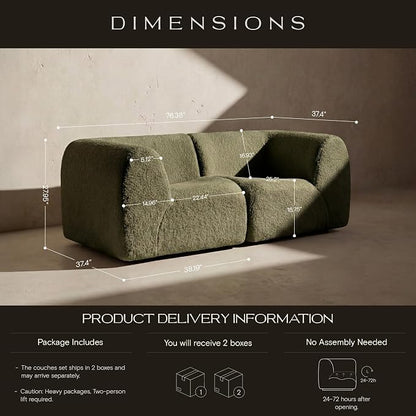 76" Loveseat Modular Sofa with High-Density Foam, 2-Piece Curved Sectional Couches, Boneless Sherpa Deep Seat Couch with Armrest, Cloud Soft Lounge Modern Sofas for Living Room – No Assembly, Green