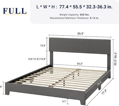 Allewie Full Size Bed Frame with Adjustable Headboard, Upholstered Platform Bed with Wood Slats, Heavy Duty Mattress Foundation, No Box Spring Needed, Noise-Free, Easy Assembly, Dark Grey