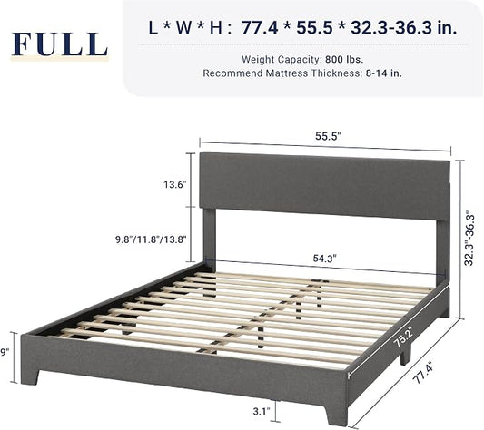 Allewie Full Size Bed Frame with Adjustable Headboard, Upholstered Platform Bed with Wood Slats, Heavy Duty Mattress Foundation, No Box Spring Needed, Noise-Free, Easy Assembly, Dark Grey