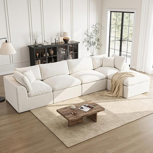 Cloud Sectional Couches for Living Room | 144 Inch L-Shaped Boneless Couch with Ottoman | Ivory White Modular Sectionals Sofa Couch