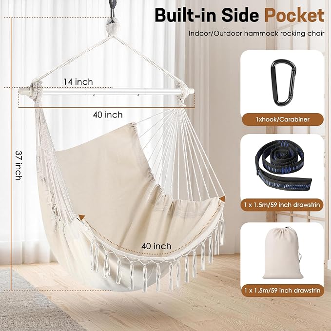 Hammock Chair Hanging Chair Heavy Duty 500 Lbs, Hanging Hammock Chair with Steel Spreader Bar & Adjustable Straps, Indoor Outdoor Hammock Swing for Bedroom Patio Porch Balcony Backyard Camping-Beige