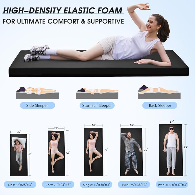 CYMULA 3 Inch Memory Foam Camping Pad, Camping Essentials Roll Up Floor Mat for Car Camping, Cot, Tent, Truck, Travel and Guest Use, Non-Slip Waterproof Bottom, Removable Cover