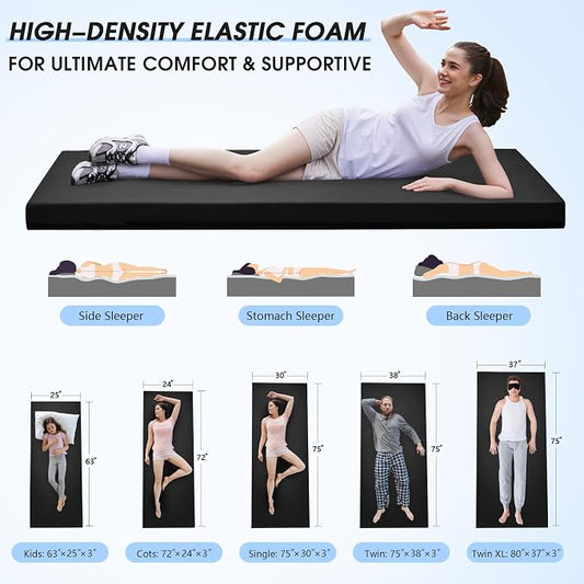 CYMULA 3 Inch Memory Foam Camping Pad, Camping Essentials Roll Up Floor Mat for Car Camping, Cot, Tent, Truck, Travel and Guest Use, Non-Slip Waterproof Bottom, Removable Cover