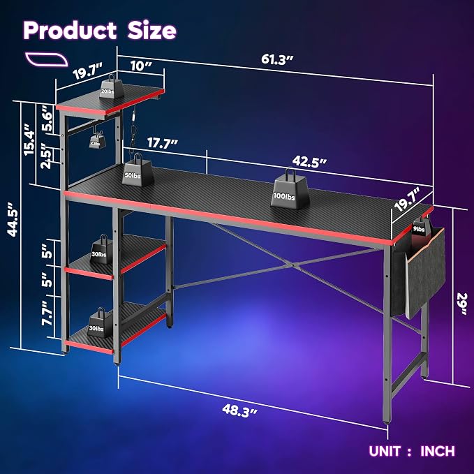 Bestier 61 Inch Gaming Desk with LED Lights, Reversible Shelves, Height Adjustable Shelf, Steel Frame, CARB P2 Class Board, Black 3D Carbon Fiber