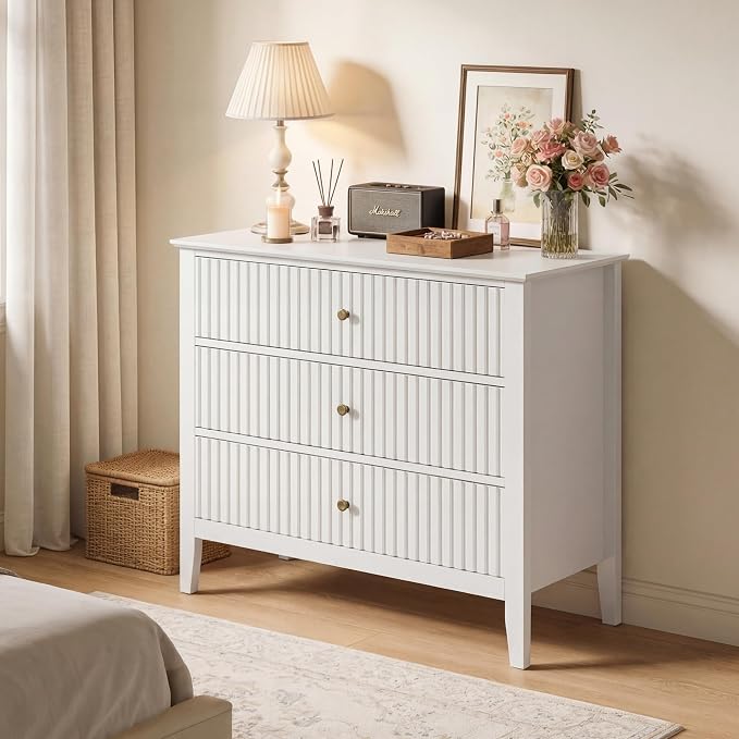 RoyalCraft 32" Large Nightstand, Fluted Painted Bedside Table with 3 Spacious Drawers, Modern Tall End Table for Bedroom, White