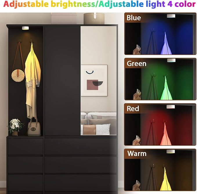Black Wardrobe Closet with Mirror and LED Light, Armoire Wardrobe with 6 Drawers, Hanging Rod, Open Shelves, Freestanding Bedroom Storage Cabinet