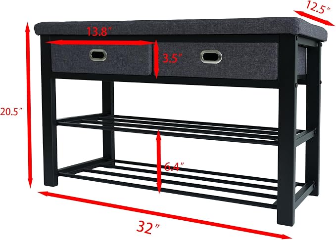 Finnhomy Entryway Shoe Rack with Cushioned Seat, Shoe Bench for Entry, 3-Tier Shoe Storage Organizer with 2 Drawers, Gray
