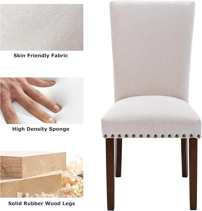MALOL COLAMY Upholstered Parsons Dining Chairs Set of 2, Fabric Kitchen Side Chairs with Nailhead Trim and Wood Legs, Dining Room Chairs for Farmhouse Restaurant, Beige