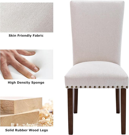 MALOL COLAMY Upholstered Parsons Dining Chairs Set of 2, Fabric Kitchen Side Chairs with Nailhead Trim and Wood Legs, Dining Room Chairs for Farmhouse Restaurant, Beige
