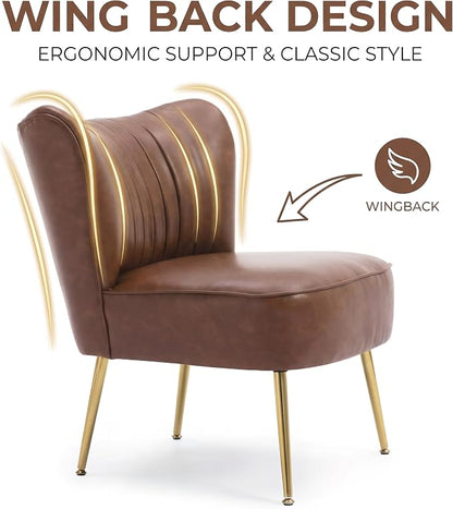 DUOMAY Modern Accent Chair Set of 2 PU Leather Slipper Chair Wingback Side Chair for Living Room Bedroom Entryway Small Corner Chair for Space Saving, Brown