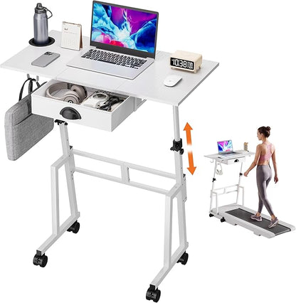 Honkazita Height Adjustable Standing Desk with Storage Drawer, Rolling Desk for Walking Pad, Small Sit-Stand Desk with Lockable Wheels, Height Range 31.5"-43.3", White, Stable Design
