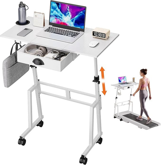 Honkazita Height Adjustable Standing Desk with Storage Drawer, Rolling Desk for Walking Pad, Small Sit-Stand Desk with Lockable Wheels, Height Range 31.5"-43.3", White, Stable Design