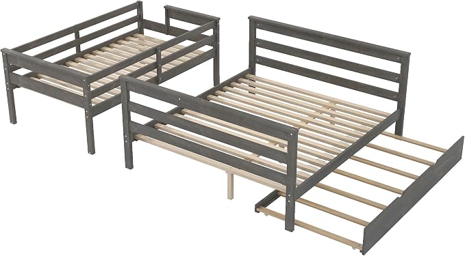 Wood Bunk Bed Twin XL Over Queen Size with Trundle, Detachable Design Bunk Bed Frame with Safety Guardrail, Ladder and Sturdy Slats Support (Grey+Trundle)