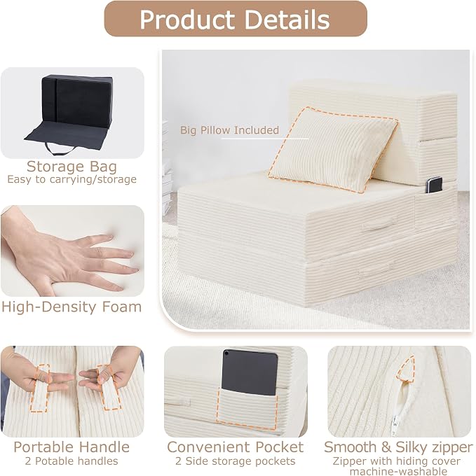 Folding Sofa Bed, 4 in 1 Convertible Sleeper Chair with Pillow, Single Memory Foam Fold Out Chair Bed, Modern Floor Futon Sofa Couch Mattress for Living Room/Guest/Apartment,Beige