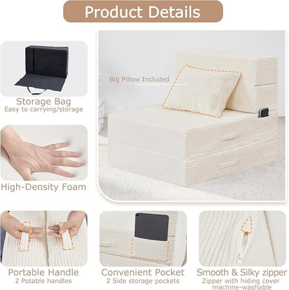 Folding Sofa Bed, 4 in 1 Convertible Sleeper Chair with Pillow, Single Memory Foam Fold Out Chair Bed, Modern Floor Futon Sofa Couch Mattress for Living Room/Guest/Apartment,Beige