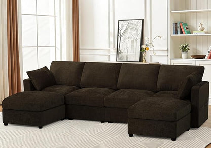 110” Chenille 4-Seats Sofa W/Two Movable Ottomans, Brown | Modern Fabric U-Shaped Couch w/Soft Backrests, Upholstered Sectional Sofa w/Arm Pillows for Living Room, Office