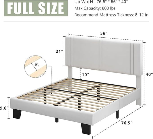 Feonase Full Size Platform Bed Frame, Velvet Upholstered Full Bed Frame, Solid Wood Slats & Heavy Duty Feet Support, No Box Spring Needed, Noise-Free, Easy Assembly, White