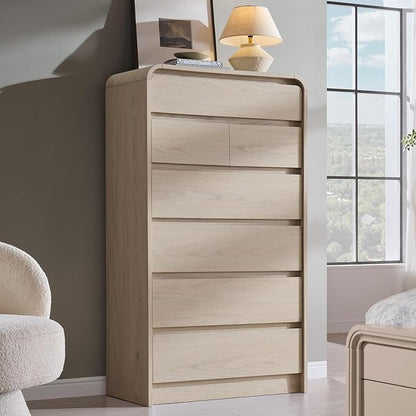 Aitjunz Modern 7 Drawers Dresser for Bedroom, 55" Tall Dressers, Cream | Wooden Dressers & Chest of Drawers w/Curved Profile Design, Mid Century Vertical Storage Dressers Organizer for Bedroom