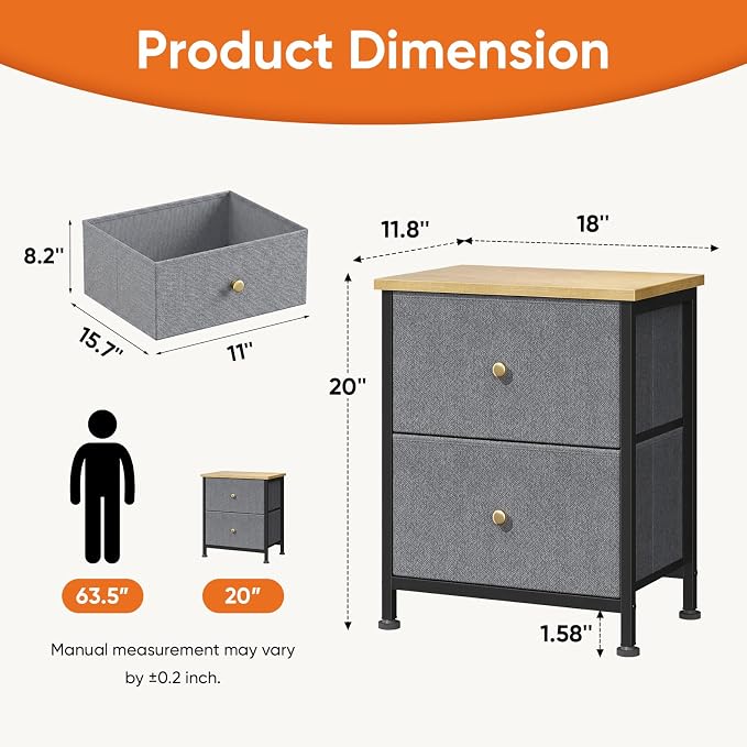 Sweetcrispy Nightstand with 2 Storage Drawers, Small Bedside Table, Blue | 20" Height End Table, Wooden Top Fabric Cabinet for Bedroom, Furniture, Closet, College Dorm