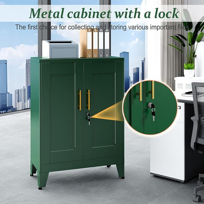 Green Metal Storage Cabinet, 36" Tall Locking Storage Cabinet, 12”D | with 2 Adjustable Shelves, Steel Locker Organizer, Metal Freestanding Buffet Cupboards Sideboard for Office, Home, School,2PS