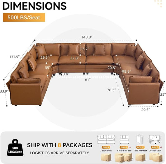 147'' Oversized U Shaped Cloud Sectional Sofa, Leather Deep Seat Couches for Living Room, Comfy Upholstered Modular Sectional Sofa Couch, Leather Light Brown