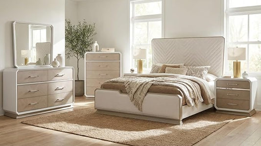 First of a Kind Dior Two Tone Luxury 5 Piece Queen Bedroom Set with Upholstered Tufted Headboard Modern Glam Design Coordinated Furniture Collection