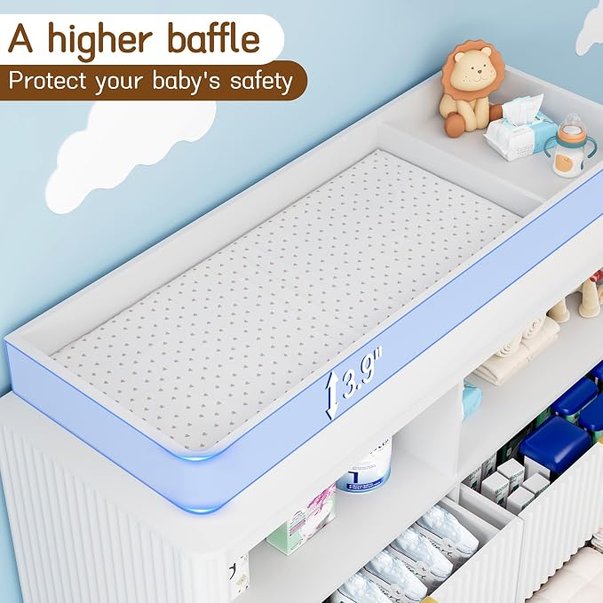 Nursery Dresser, 4 Large Drawers Wood Baby Changing Dresser with Raised and Detachable Changing Table Top, Fluted Chest with Gold Handles, Baby Storage Organizer for Kids Bedroom, Nursery Room, White